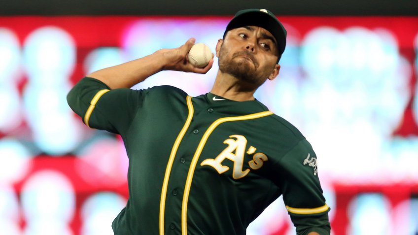 Mandatory Credit: Photo by Jim Mone/AP/Shutterstock (10342081h)Oakland Athletics pitcher Joakim Soria throws against the Minnesota Twins in a baseball game, in MinneapolisAthletics Twins Baseball, Minneapolis, USA - 19 Jul 2019.
