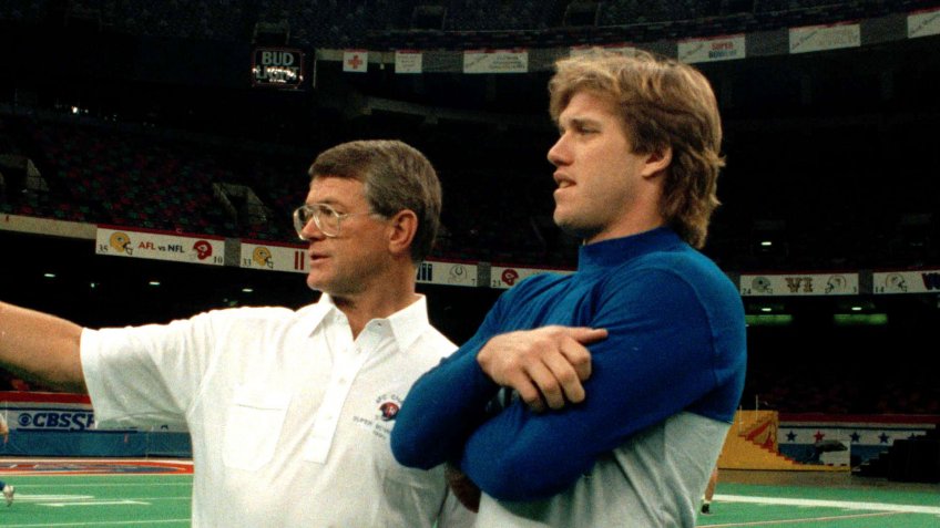 Mandatory Credit: Photo by Ed Andrieski/AP/Shutterstock (6547044a)Denver Broncos coach Dan Reeves, left, has a word with Broncos quarterback John Elway in the New Orleans Superdome on the eve of Super Bowl XXIV.