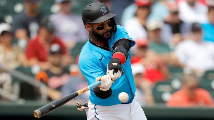 Mandatory Credit: Photo by Julio Cortez/AP/Shutterstock (10579206j)Miami Marlins' Jonathan Villar singles off Washington Nationals pitcher Ben Braymer during the first inning of a spring training baseball game, in Jupiter, FlaNationals Marlins Spring Baseball, Jupiter, USA - 10 Mar 2020.