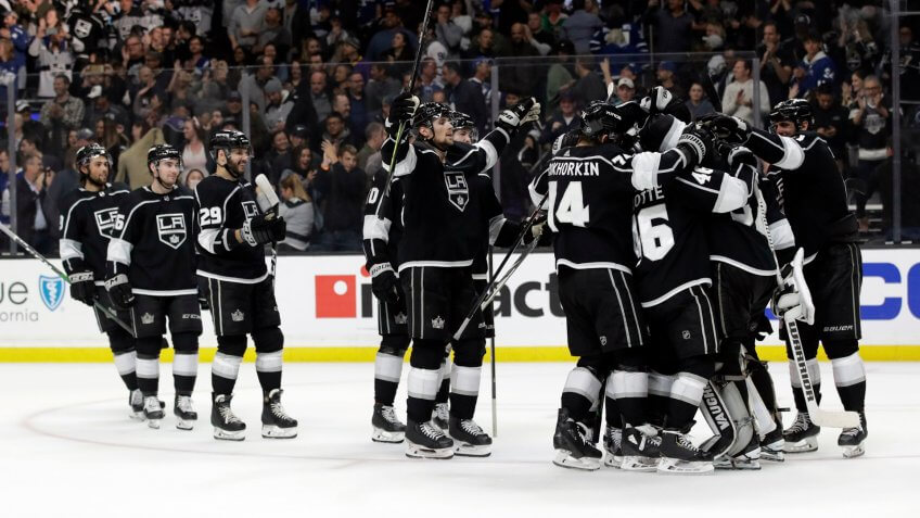 Mandatory Credit: Photo by Marcio Jose Sanchez/AP/Shutterstock (10575432s)Los Angeles Kings celebrate after a 1-0 shootout win over the Toronto Maple Leafs in an NHL hockey game, in Los AngelesMaple Leafs Kings Hockey, Los Angeles, USA - 05 Mar 2020.
