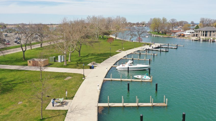 Aerial view of a boat dock at Metro Beach during the early spring in Macomb Michigan.