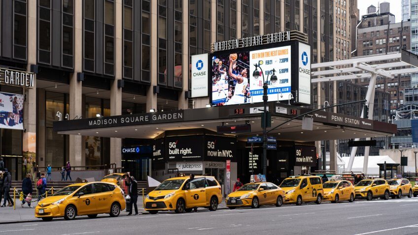 NEW YORK - FEBRUARY, 2020: Taxi in front of Madison Square Garde.