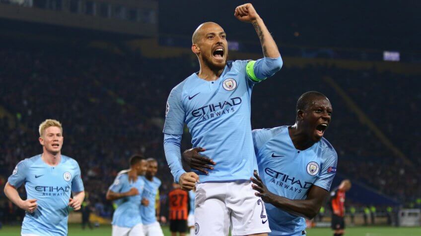KHARKIV, UKRAINE - OCTOBER 23, 2018: David Silva of Manchester City reacts after scored a goal during the UEFA Champions League game against Shakhtar Donetsk at OSK Metalist stadium.
