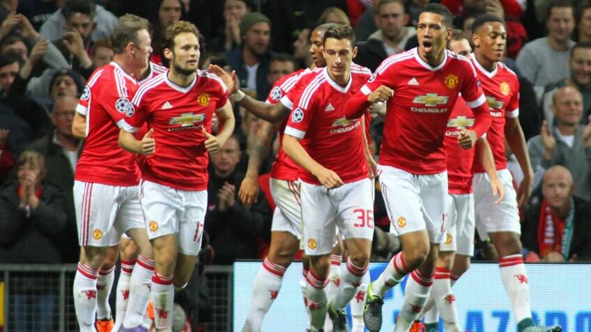 MANCHESTER, ENGLAND - SEPTEMBER 30, 2015: Champions League match between Manchester United and Vfl Wolfsburg at Old Trafford Stadium on September 30, 2015.