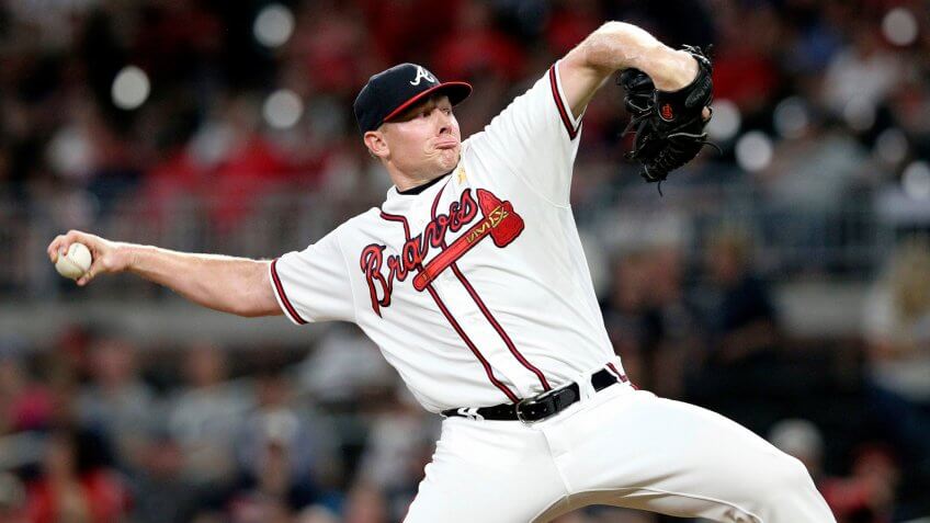 Mandatory Credit: Photo by Tami Chappell/AP/Shutterstock (10404246n)Atlanta Braves relief pitcher Mark Melancon throws against the Washington Nationals in the ninth inning of a baseball game, in AtlantaNationals Braves Baseball, Atlanta, USA - 07 Sep 2019.