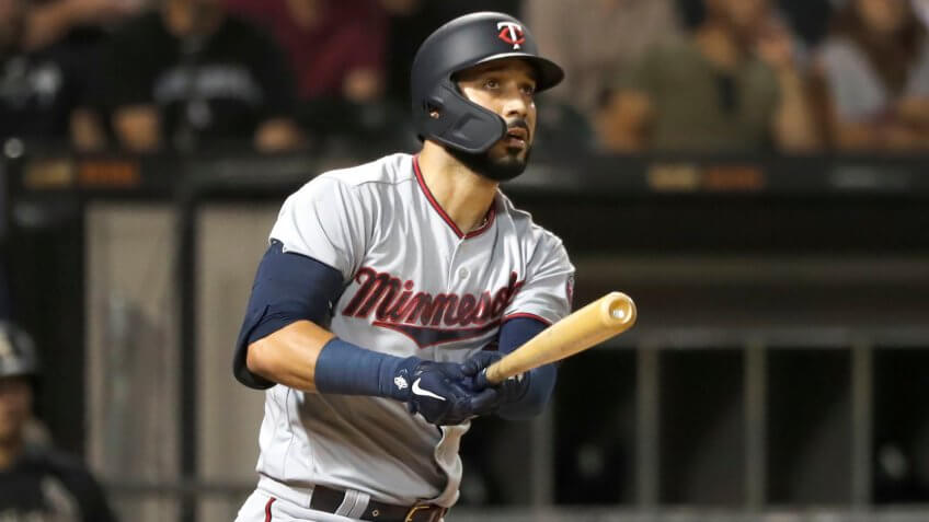 Mandatory Credit: Photo by Charles Rex Arbogast/AP/Shutterstock (10374638h)Minnesota Twins' Marwin Gonzalez watches his hit during a baseball game against the Chicago White Sox, in ChicagoTwins Baseball, Chicago, USA - 27 Aug 2019.