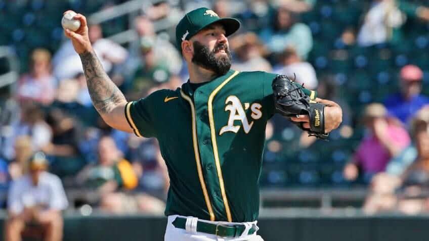 Mandatory Credit: Photo by Sue Ogrocki/AP/Shutterstock (10575274a)Oakland Athletics' Mike Fiers pitches in the fourth inning of a spring training baseball game against the Los Angeles Dodgers, in Mesa, ArizDodgers Athletics Spring Baseball, Mesa, USA - 05 Mar 2020.