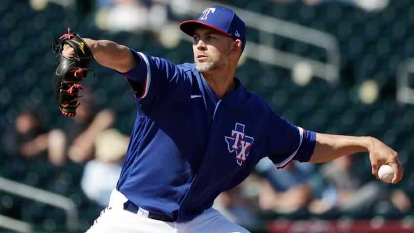 Mandatory Credit: Photo by Elaine Thompson/AP/Shutterstock (10575295j)Texas Rangers starting pitcher Mike Minor throws against the Arizona Diamondbacks during a spring training baseball game, in Surprise, ArizDiamondbacks Rangers Spring Baseball, Surprise, USA - 05 Mar 2020.