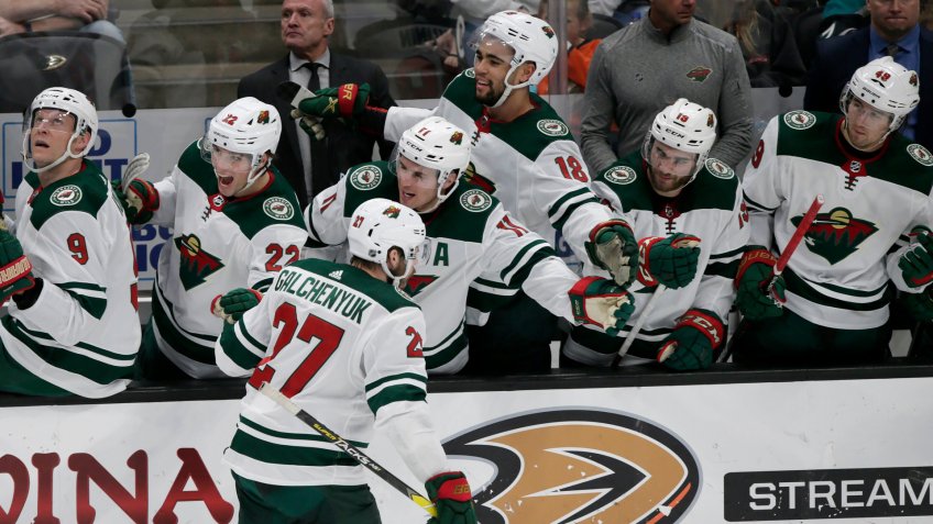 Mandatory Credit: Photo by Alex Gallardo/AP/Shutterstock (10577539u)Minnesota Wild center Alex Galchenyuk (27) celebrates his goal with teammates on the bench during the third period of an NHL hockey game against the Anaheim Ducks in Anaheim, CalifWild Ducks Hockey, Anaheim, USA - 08 Mar 2020.