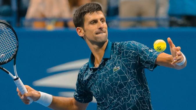 NEW YORK - SEPTEMBER 7, 2018: 13-time Grand Slam champion Novak Djokovic of Serbia celebrates victory after his 2018 US Open semi-final match at Billie Jean King National Tennis Center.
