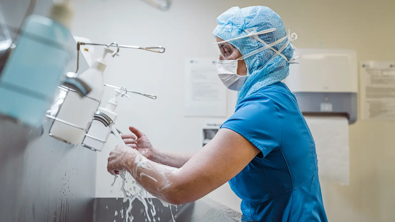 Nurse doing hand wash to prevent spread of Corona virus.