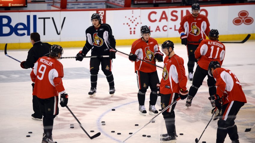 OTTAWA, CANADA - JAN 13: The Ottawa Senators return to the ice for their first practice of training camp after the NHL lockout was ended.