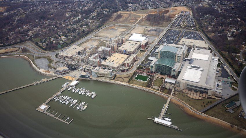 An overhead view of the National Harbor development along the Potomac River in Oxon Hill, Prince George's County, Maryland taken during the development of the area in March 2013.
