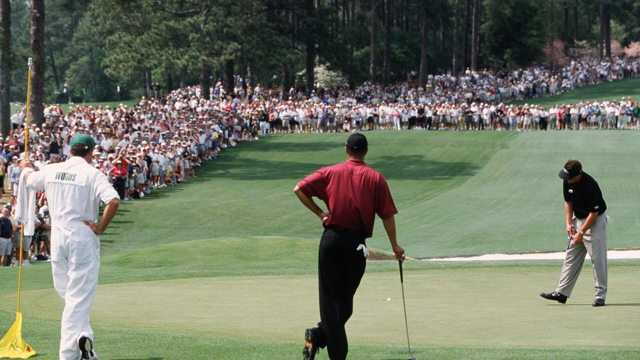Phil Mickelson And Tiger Woods On The 2nd Hole During The 2001 Masters Tournament  (Photo by Augusta National/Getty Images).