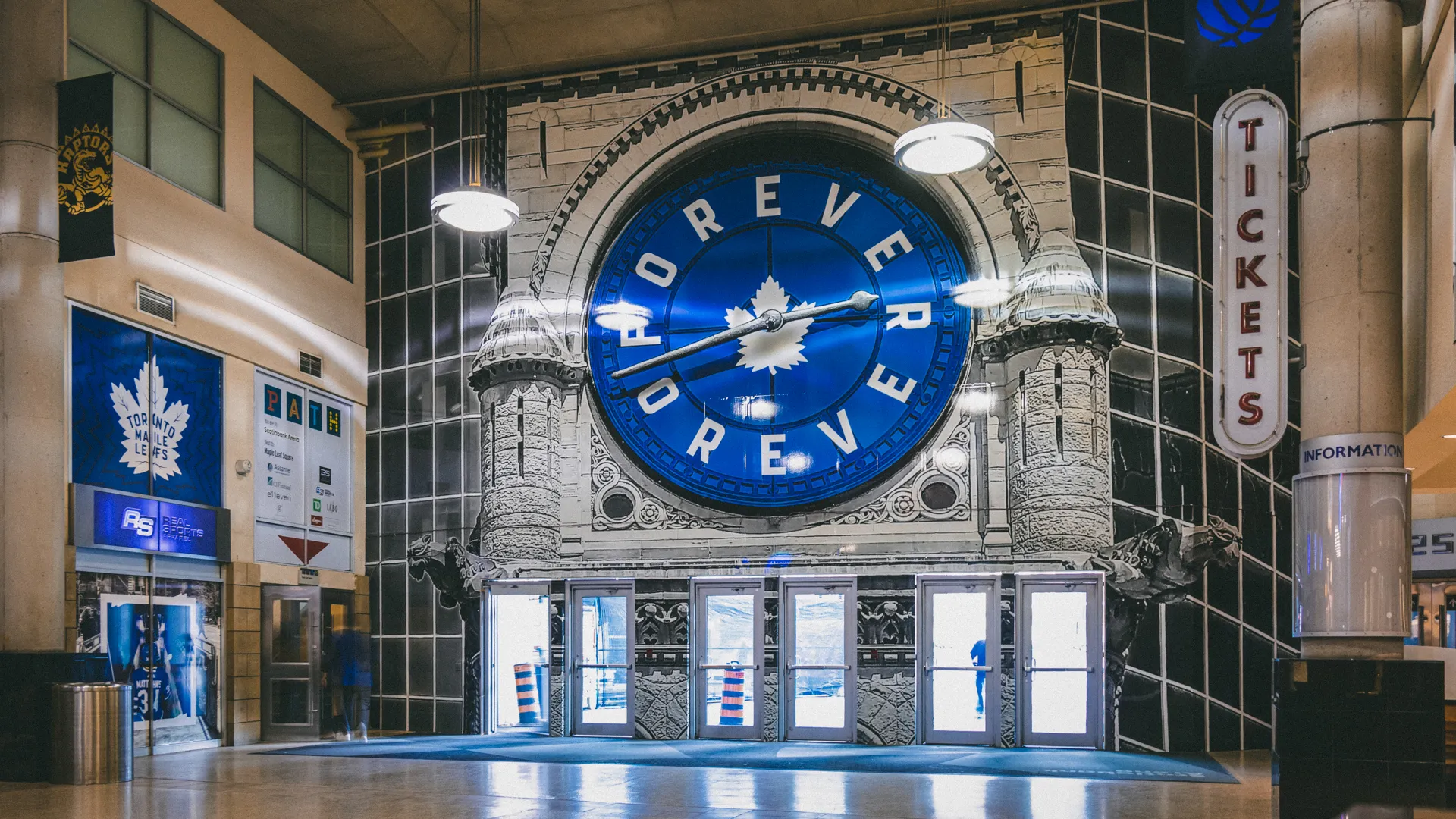 TORONTO, CANADA - October 4, 2019: Inside Scotiabank Arena Galleria - Toronto Maple Leafs logo surrounded by slogan "Leafs Forever" on a clock.