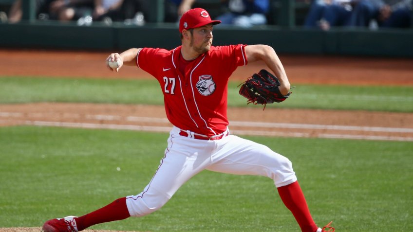 Mandatory Credit: Photo by Ross D Franklin/AP/Shutterstock (10572577r)Cincinnati Reds pitcher Trevor Bauer throws against the Los Angeles Dodgers during the fourth inning of a spring training baseball game, in Goodyear, ArizDodgers Reds Spring Baseball, Goodyear, USA - 02 Mar 2020.