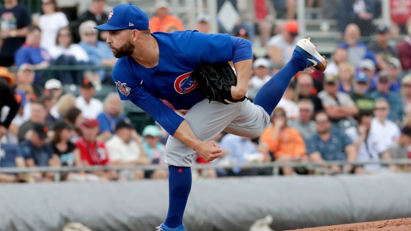 Mandatory Credit: Photo by Matt York/AP/Shutterstock (10579283a)Chicago Cubs pitcher Tyler Chatwood throws against the San Francisco Giants during the first inning of a spring training baseball game, in Scottsdale, ArizCubs Giants Spring Baseball, Scottsdale, USA - 10 Mar 2020.
