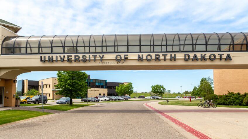 GRAND FORKS, ND/USA - JUNE 28, 2019: Skyway and entrance to the campus of the University of North Dakota.