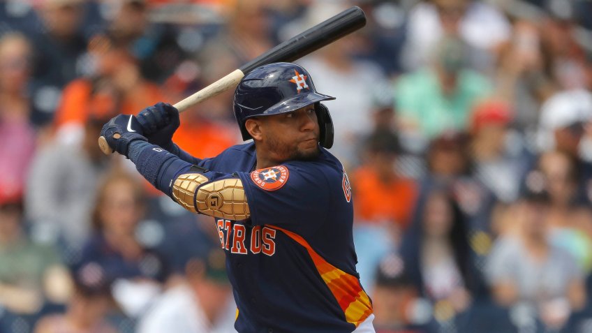 Mandatory Credit: Photo by Julio Cortez/AP/Shutterstock (10578422bg)Houston Astros first baseman Yuli Gurriel waits for a pitch from Detroit Tigers pitcher Tarik Skubal during the first inning of a spring training baseball game, in West Palm Beach, FlaTigers Astros Spring Baseball, West Palm Beach, USA - 09 Mar 2020.