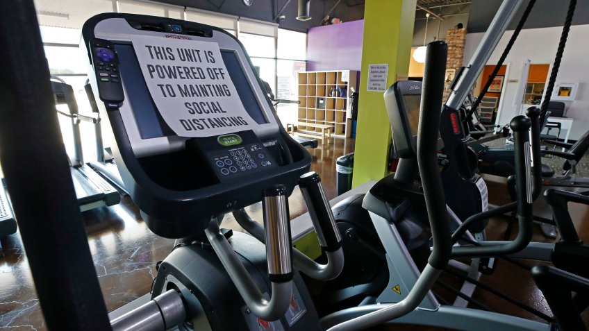 Mandatory Credit: Photo by LARRY W SMITH/EPA-EFE/Shutterstock (10651078c)Some of the equipment is turned off to keep social distancing on the machines inside at Anytime Fitness Gym in Commerce, Texas, USA, 18 May 2020.