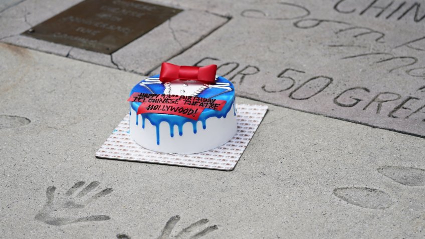 Mandatory Credit: Photo by Ashley Landis/AP/Shutterstock (10651135a)Birthday cake sits among celebrity handprints outside TCL Chinese Theatre during its 93rd birthday celebration, in the Hollywood area of Los AngelesVirus Outbreak California Daily Life, Los Angeles, United States - 18 May 2020.
