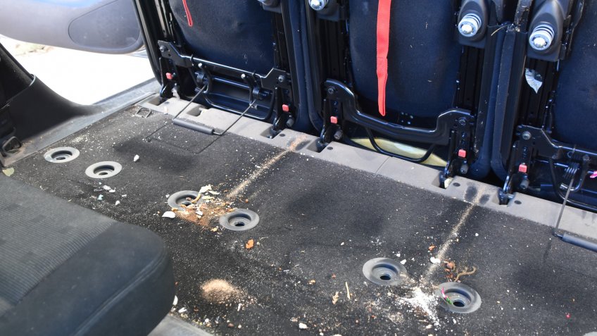 Inside dirty car.