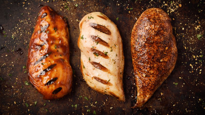 Grilled and Roast chicken breast with seasoning in a cooking pan.