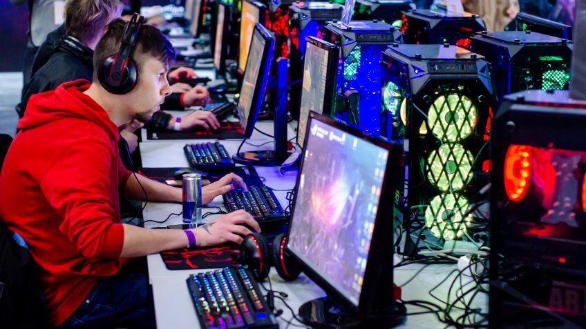 Kyiv, Ukraine - April 12, 2019: The guys are playing a video game.