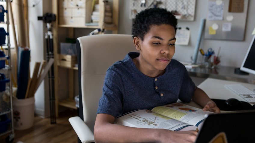 African American teenage boy uses laptop while studying for a biology test.