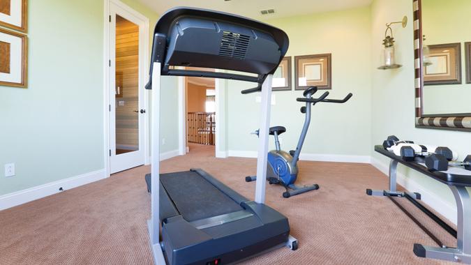 Fitness exercise room in an upscale american home.