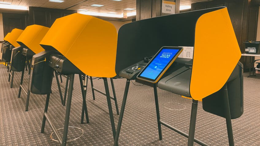 LOS ANGELES, CA, MAR 2020: Voting Center with new, modern, electronic voting booths with touch screens that generate paper copies, at Kenneth Hahn Hall of Administration, Downtown Civic Center.