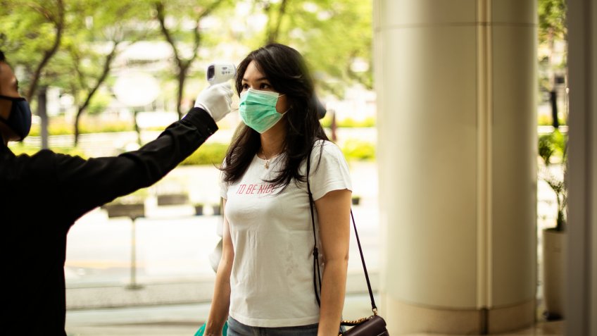 security guard measuring temperature of young woman with infrared thermometer before entering a office, in Jakarta.