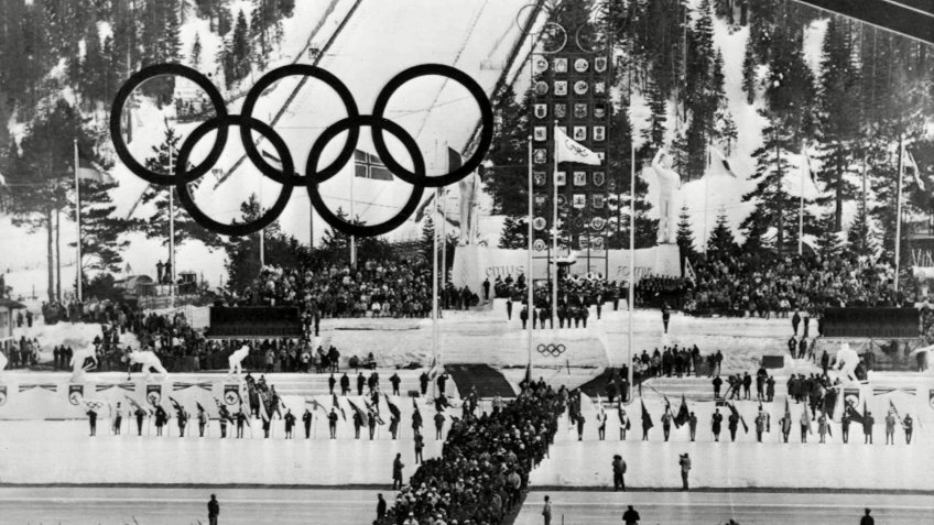 Olympic athletes march into Blyth Arena, at Squaw Valley, Calif.