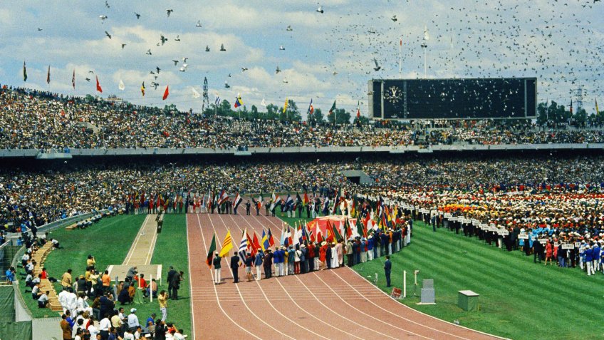 View of the University City Olympic Stadium at Mexico City, Mexico 1968 site of the Nineteenth Olympiad, or the XIX Olympiad summer games.