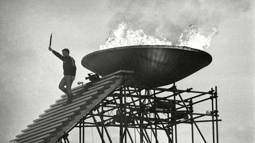 Former Olympic figure skater, Alain Calmet of France, is seen after lighting the Olympic Flame during the opening ceremony of the 1968 Winter Olympics in Grenoble1968 Winter Olympics, Grenoble, France.