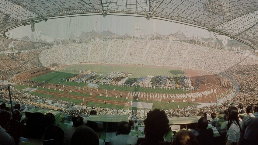 Pictured here is an aerial view of the Olympic Stadium during the opening ceremonies of the 1972 Summer Olympics in Munich, GermanyOpening Ceremonies, Munich, Germany.