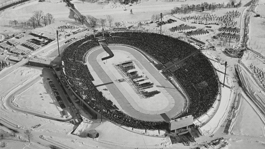 Helicopter view of the Makomanai Ice Stadium as more than 1,100 athletes from 35 nations assemble to compete in the Winter Olympic Games, Sapporo, Japan1972 Winter Olympics, Sapporo, Japan.