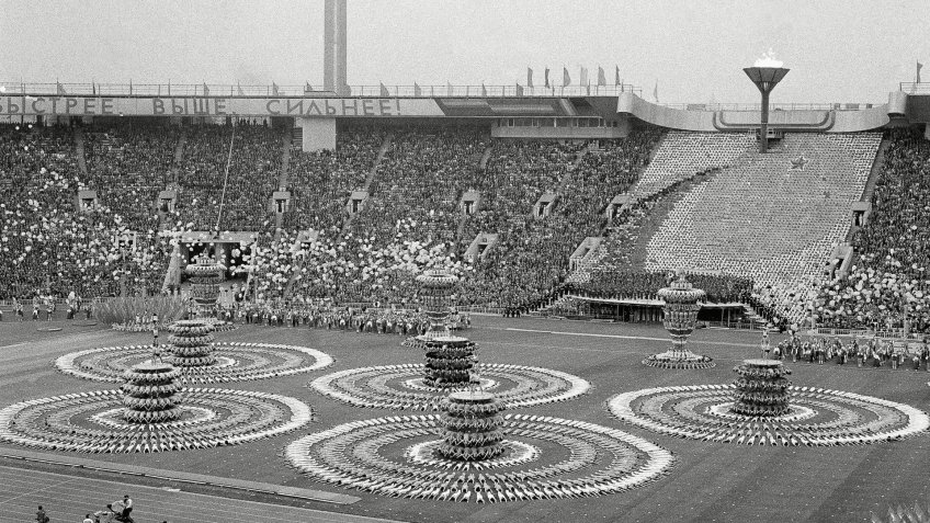 Spiraling human pyramids occupy the field of Lenin Stadium in Moscow during show presented during opening ceremonies of XXII Summer OlympicsOlympics Summer 1980 Moscow RUS Opening Ceremony, Moscow, Russia.