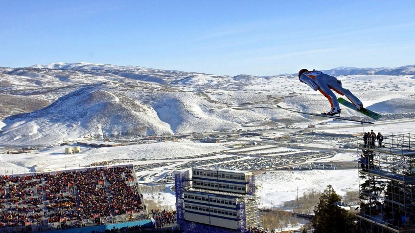 Simon Ammann, of Switzerland, competes in the men's K90 individual ski jump at the Salt Lake City Winter Olympics in Park City, Utah.