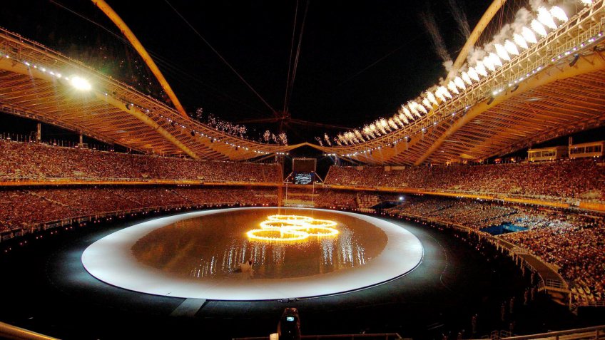 The Olympic Rings on Fire Are Seen in the Olympic Stadium During the 2004 Athens Olympic Games Opening Ceremony Friday 13 August 2004 More Than 10 800 Athletes Will Compete in the Olympics Epa/dpa Andreas Altwein Greece AthensOlympics Athens 2004 - Aug 2004.