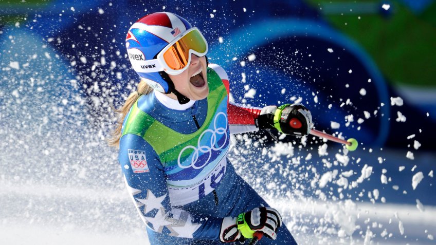 Lindsey Vonn of the United States, reacts in the finish area after completing the Women's downhill at the Vancouver 2010 Olympics in Whistler, British Columbia.