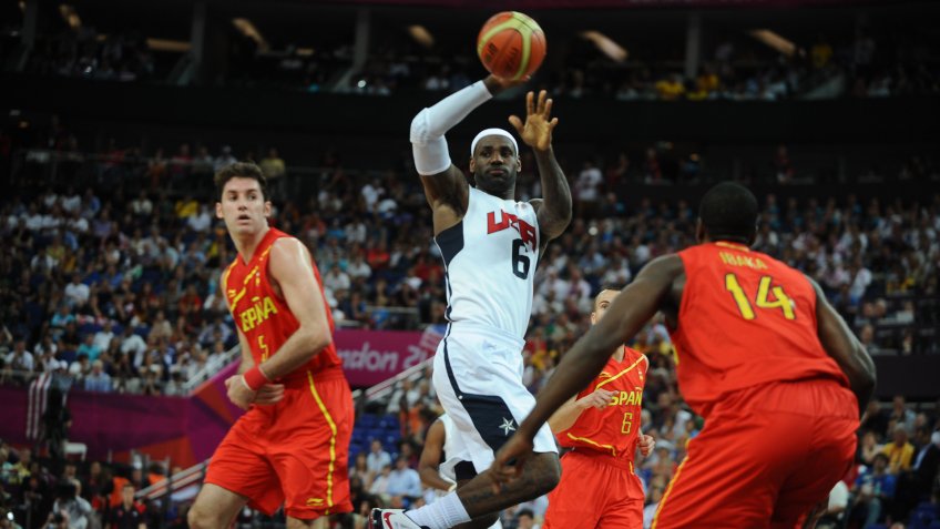 Basketball - 2012 London Olympics - Men's Final: USA 107 Spain 100 Lebron James of the USA on the ball at the North Greenwich Arena2012 London Olympics - Basketball Final: USA 107 Spain 100 - 12 Aug 2012.