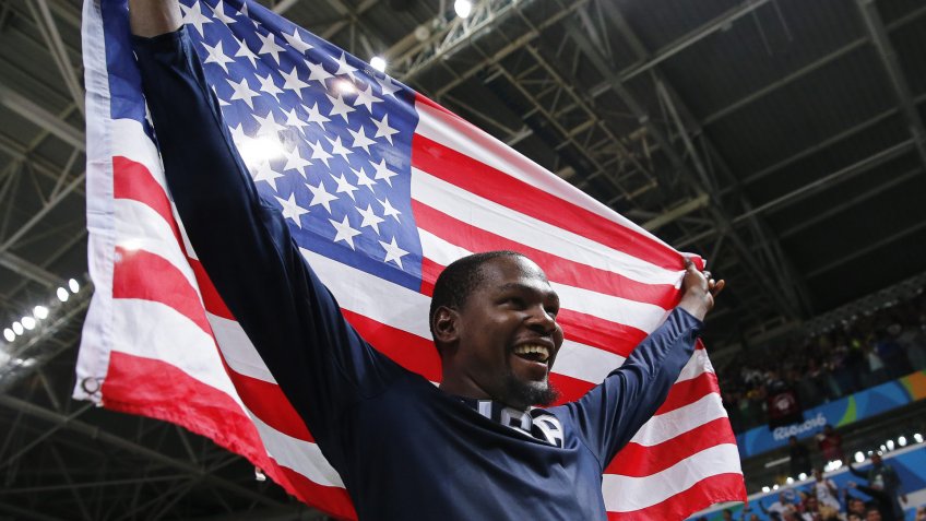Kevin Durant of the Usa Celebrates After Winning the Men's Basketball Gold Medal Game Between Serbia and the Usa at the Rio 2016 Olympic Games at the Carioca Arena 1 in the Olympic Park in Rio De Janeiro Brazil 21 August 2016 Brazil Rio De JaneiroBrazil Rio 2016 Olympic Games - Aug 2016.