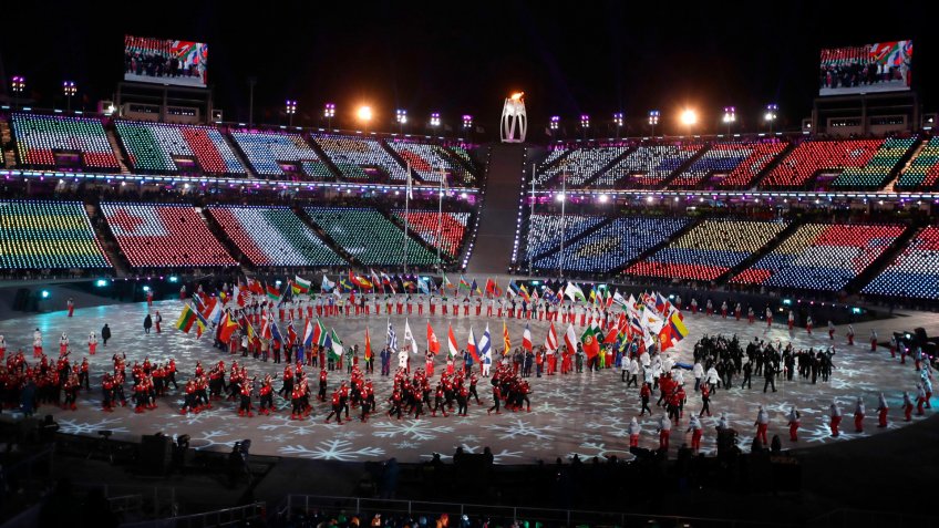 Athletes walk into the stadium during the closing ceremony of the 2018 Winter Olympics in Pyeongchang, South KoreaOlympics Closing Ceremony, Pyeongchang, South Korea - 25 Feb 2018.