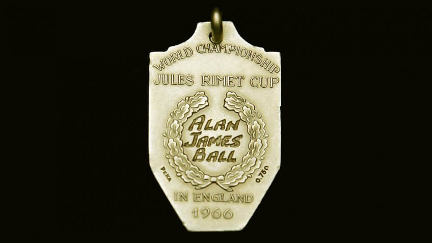 LONDON - MAY 19: The Gold medal handed to Alan James Ball, a member of the winning English World Cup 1966 team, sits on display on May 19, in London.