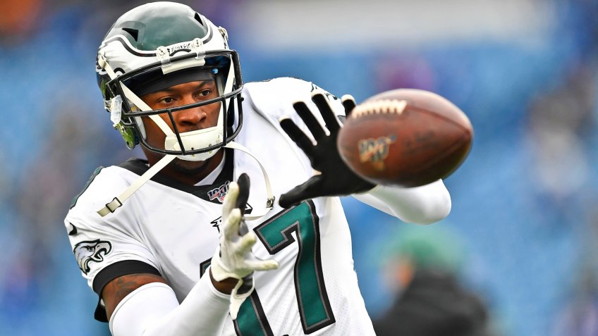 Mandatory Credit: Photo by Adrian Kraus/AP/Shutterstock (10457669t)Philadelphia Eagles' Alshon Jeffery warms-up before an NFL football game against the Buffalo Bills, in Orchard Park, N.