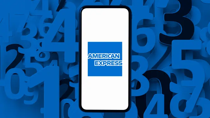 American Express app open on phone against a blue background with numbers.