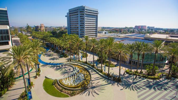 Elevated daytime view of the Anaheim, California skyline.