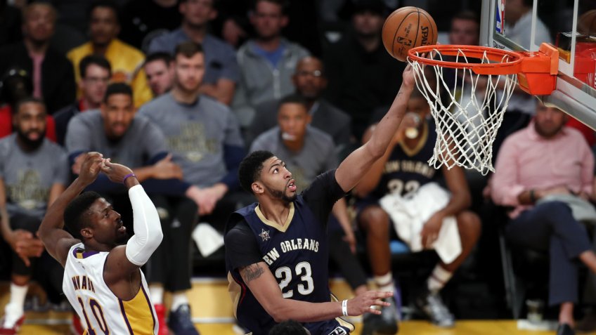 Anthony Davis and David NwabaNew Orleans Pelicans at Los Angeles Lakers, USA - 05 Mar 2017New Orleans Pelicans forward Anthony Davis (R) gets past Los Angeles Lakers guard David Nwaba (L) in the first half of their NBA game at Staples Center in Los Angeles, California, USA, 05 March 2017.
