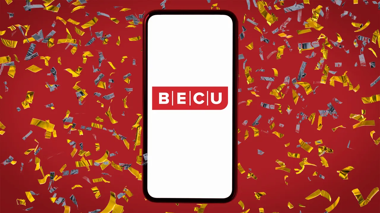 A mobile phone screen displaying the BECU logo, representing the credit union’s mobile app.